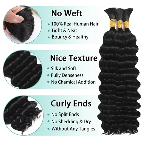 Vista 94 de Cabello Humano para Trenzar para Trenzas Boho 3 Paquetes/Pack 110g (3.88 oz) 14 Pulgadas Cabello Humano a Granel Ondulado Profundo para Trenzar