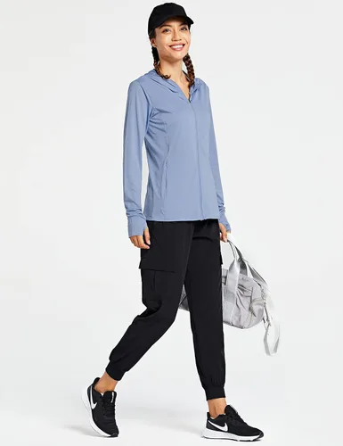 Vista 5 de Libin sudadera con capucha para mujer, con cremallera completa, UPF 50+, capucha con protección solar, de manga larga, para senderismo