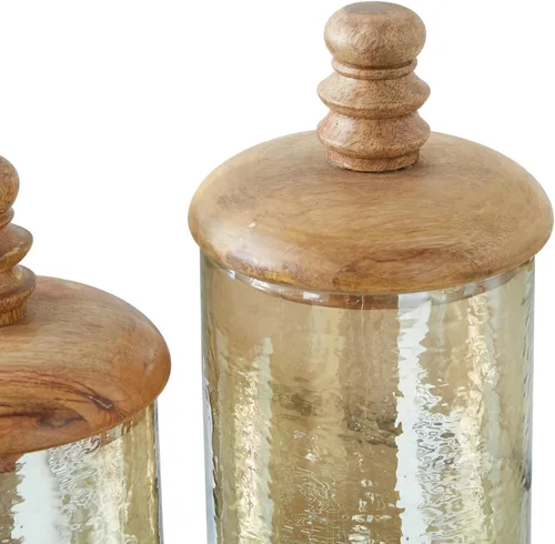 Vista 2 de Deco 79 Tarros decorativos de vidrio para sala de estar, contenedor decorativo con tapas de madera, juego de 2 tarros con tapa de 8 pulgadas, 11