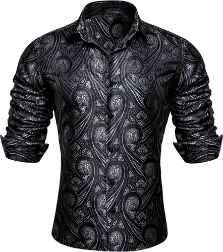 Barry.Wang Camisas de manga larga con botones para hombre, diseño de cachemira de seda, estilo vintage, vaquero, fiesta, boda, casual