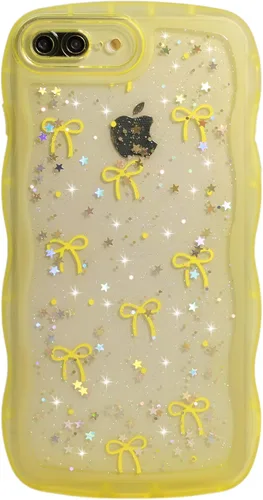 Vista 74 de Qokey para iPhone 14 Plus Funda de 6.7" con diseño de borde ondulado rizado, transparente, con purpurina, brillo, estrellas, brillante, lindo