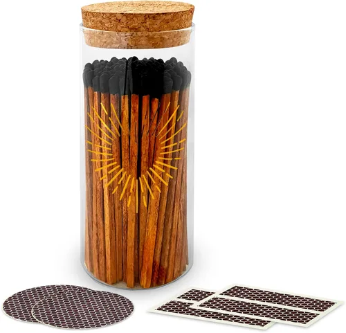 Fósforos decorativos en un frasco de vidrio con corazón dorado de papel aluminio | Fósforos largos de 10 cm color Espresso (100 palitos de fósforo)
