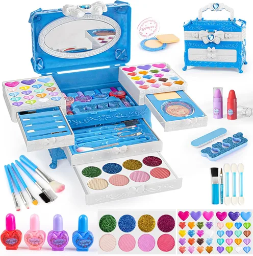Sets de maquillaje para niñas, 66 piezas de cosméticos reales para juguetes infantiles con espejo, kit de maquillaje lavable para princesas, regalos