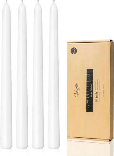 Viyffo Velas cónicas – Velas blancas de 10 pulgadas de largo, paquete de 4, sin perfume, sin goteo, sin humo, velas altas para cena, boda, fiesta,