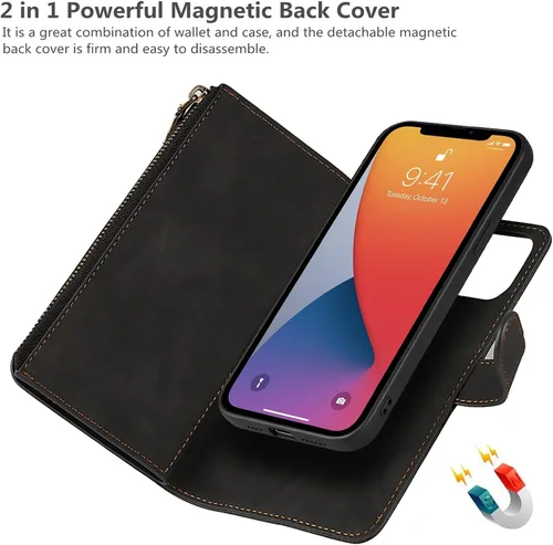Vista 7 de iCoverCase Compatible con iPhone 13 Pro Max - Funda tipo cartera para teléfono con tarjetero, piel sintética, bolsillo con cremallera, magnética
