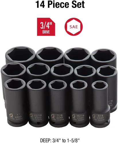 Vista 3 de SUNEX TOOLS 4638, Juego de llaves de vaso de impacto profundo de 3/4 de pulgada, 14 piezas, SAE, 3/4" - 1-5/8", acero de aleación Cr-Mo, diseño