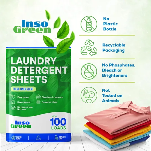 Vista 2 de Detergente para ropa sucia (100 cargas) – Hojas de detergente ecológico para ropa – Cero jarras de plástico para lavadora – Sin desorden y ahorro