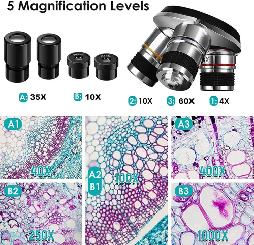 Vista 6 de Microscopios binoculares compuestos, microscopio de estudiantes 8000x/10000/15000x, con iluminación LED dual y etapa mecánica, 10 piezas