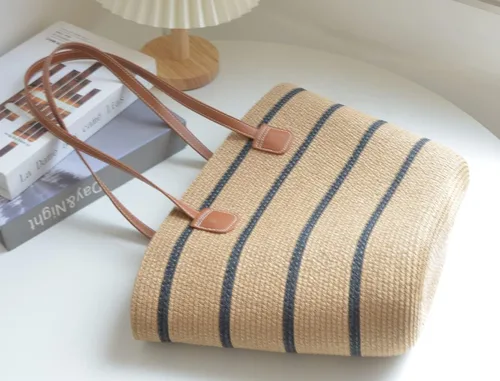 Vista 2 de Bolsa de playa de verano para mujer, hecha a mano, grande, de paja, bolso de mano para mujer, B-caqui1