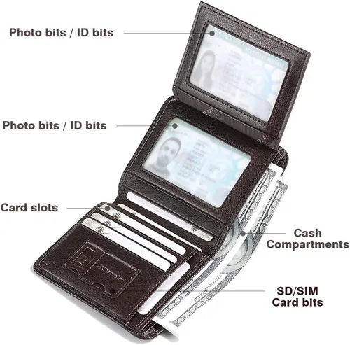 Vista 65 de Billetera de piel triple con bloqueo RFID para hombre con 2 ventanas de identificación, 2 compartimentos para efectivo, 6-8 ranuras para tarjetas