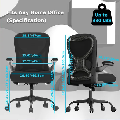 Vista 7 de Silla de escritorio de oficina con soporte lumbar ergonómico, cojín de asiento extra grueso, brazos abatibles, respaldo de malla transpirable, silla