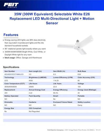 Vista 2 de Feit Electric Panel de luz LED con sensor de movimiento, equivalente a 300 W, panel ajustable de 90°, base estándar E26, CRI 80, 4000 lúmenes