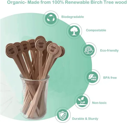 Vista 3 de Paquete de 100 agitadores de café desechables de madera con extremos redondos, desechables, respetuosos con el medio ambiente, biodegradables, grado