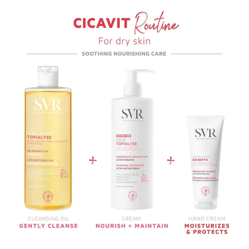 Vista 6 de SVR Crema de manos Cicavit+ con glicerina, prebiótico y aceite de coco. Protección de 8 horas para manos dañadas extremadamente secas. Hidratante