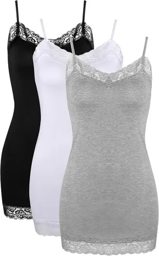 Vista 10 de 3 piezas de camisolas largas para mujer con encaje, camisetas sin mangas con cuello, camisolas ajustables con tirantes de espagueti y ribete de 12