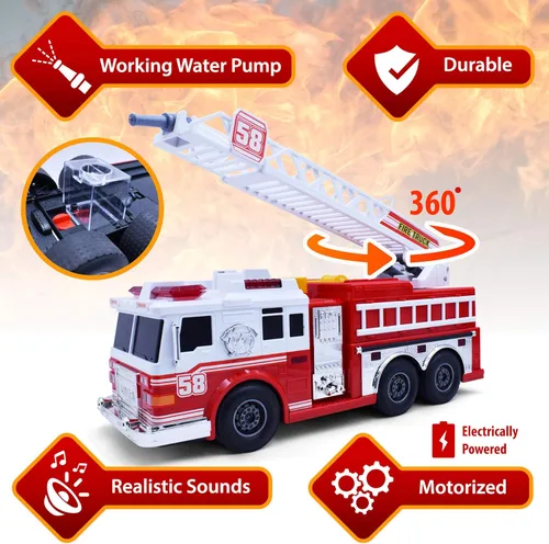Vista 2 de VEBO Camión de bomberos motorizado con luces, sonido de sirena, bomba de agua que funciona y escalera de rescate giratoria - Eléctrico, motorizado