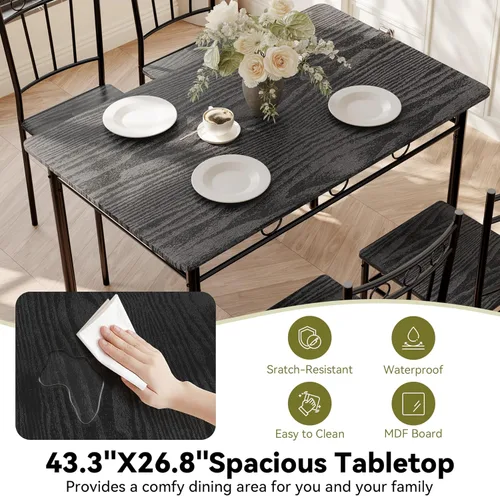 Vista 6 de Juego de mesa de comedor de 5 piezas, mesa de cocina de madera y sillas para espacios pequeños, rincón de desayuno, fácil montaje, negro