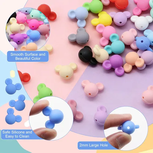 Vista 2 de Decoendiy 50 cuentas de silicona para cabeza de ratón, con forma de animal, coloridas pulseras para manualidades (mezcla)