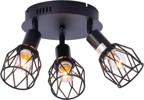Lámpara de techo industrial semiempotrada, 3 luces multidireccionales de techo, jaula de alambre de metal negro vintage, iluminación colgante para