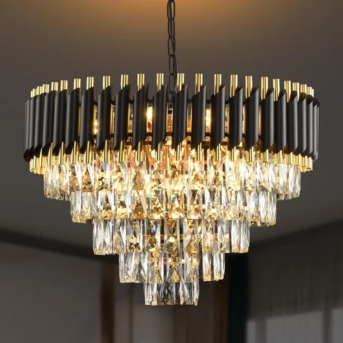 Gold Modern Crystal Chandelier 5-Tier Round Living Room Chandelier Light Fixture Black Large Crystal Chandeliers Pendant Ceiling Light Fixture for