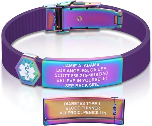 Vista 36 de Divoti Pulsera de identificación de alerta médica grabada personalizada, grabado láser de doble cara (hasta 9 líneas), pulsera de silicona ajustable