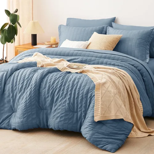 Vista 39 de CozyLux - Juego de edredón doble con sábanas de 5 piezas, color blanco con textura de sirsaca en una bolsa para niñas, juego de ropa de cama de lujo