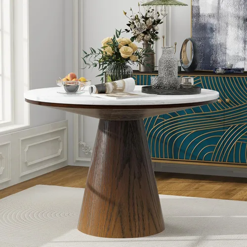 Vista 4 de Mesa de comedor redonda retro minimalista elegante para sala de estar, comedor (blanco + marrón)
