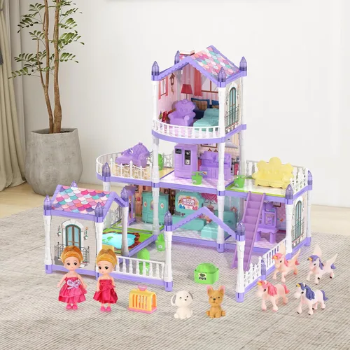 Vista 5 de Juego de casa de muñecas púrpura con 2 muñecas, casa de muñecas de ensueño con 9 habitaciones, 3 pisos, 2 mascotas, muebles de 12 piezas