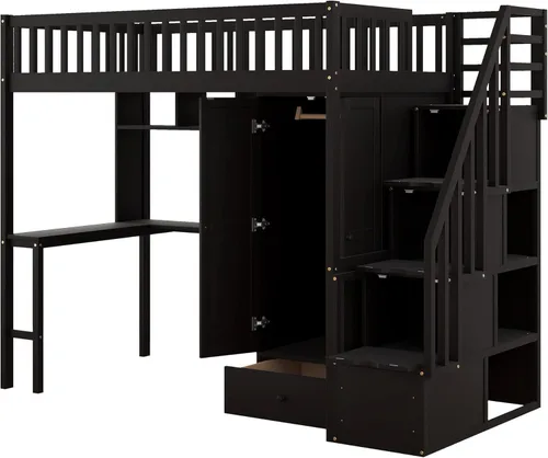 Vista 5 de VilroCaz Cama loft multifuncional de tamaño individual con armario y escritorio integrados, marco de cama loft de madera maciza con escalera