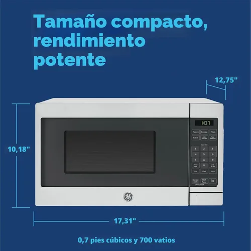 Vista 2 de Horno microondas compacto de GE para encimera, de 0.7 pies cúbicos, capacidad de 700 vatios, 6 configuraciones de cocción automática, tecnología