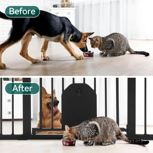 Vista 9 de Babelio - Puerta de seguridad con cierre automático para bebés con puerta para gatos, puerta de metal de 73-109 cm para puertas, escaleras, casa
