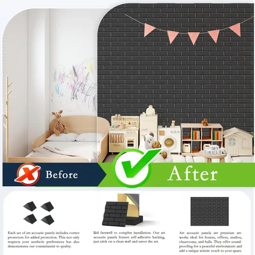 Vista 5 de Paquete de 12 paneles acústicos, paneles autoadhesivos con patrón de ladrillo 3D a prueba de sonido para paredes, paneles decorativos de pared