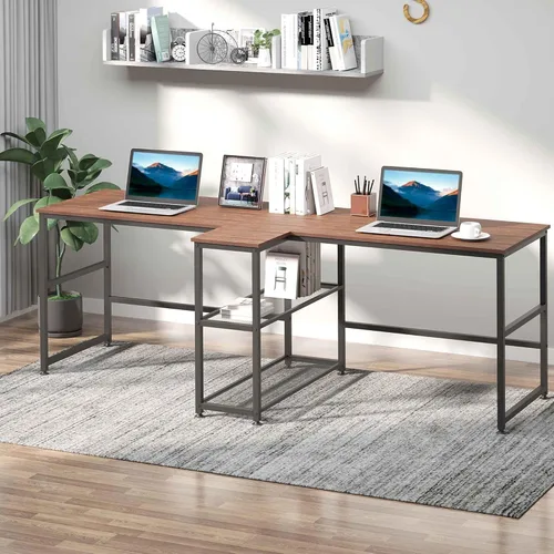 Vista 2 de HOMCOM 83" Two Person Computer Desk with 2 Storage Shelves, Double Desk Workstation with Book Shelf, Long Desk Table for Home Office, Dark Walnut