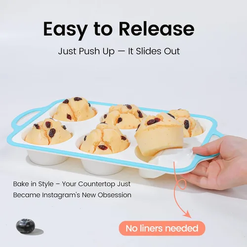 Vista 4 de Molde de silicona para magdalenas jumbo con marco de metal, molde grande de silicona antiadherente de grado alimenticio, con asas 6 tazas, libre