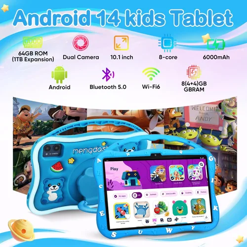 Vista 2 de Tableta para niños, tableta de 10.1 pulgadas para niños de 3 a 10, tableta educativa de aprendizaje para niños pequeños Android 14, 8 GB de RAM+64
