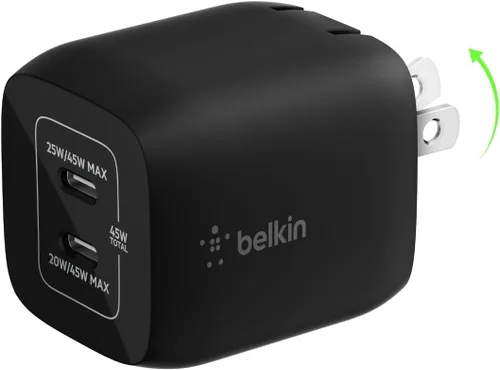 Belkin Bloque de cargador USB C dual de 45 W, PD3.0 con GaN - Carga súper rápida - Samsung Galaxy S25, Apple iPhone 17, Air, Pro, Pro Max, iPad,