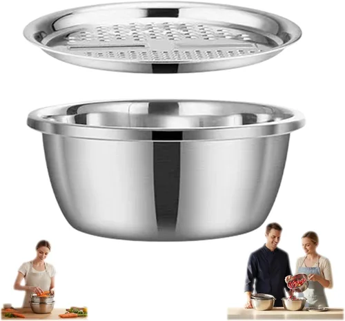 Vista 8 de Cuenca multifuncional de acero inoxidable 3 en 1, trituradora y drenaje de acero inoxidable con tapa de rallador, colador y tazón para mezclar