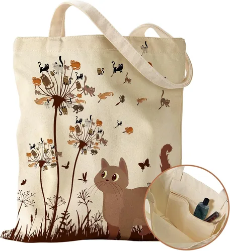 Vista 13 de Miss Adola Canvas Tote Bag with Pocket - Aesthetic Cute Canvas Bag for Women Shoulder Totes for Shopping, Work, Gym
