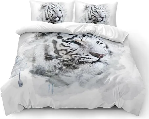 Vista 2 de Juego de funda de edredón con diseño de tigre blanco, tamaño individual, funda de edredón con estampado de animales salvajes, juego de ropa de cama