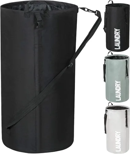 Vista 10 de Chrislley Cesta de lavandería extra grande de 106 litros con cordón para dormitorio, mochila para lavandería, cesta plegable para estudiantes Beige