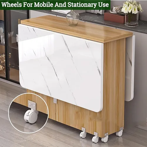 Vista 7 de Mesa de comedor plegable de madera, mesa plegable de extensión de hojas caídas con ruedas y almacenamiento oculto, mesa plegable de apartamento