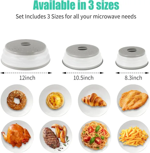 Vista 2 de Paquete de 3 fundas plegables para microondas, protector de salpicaduras, tapa de microondas ventilada para alimentos, sin BPA, TPR, apto