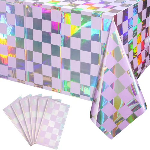 Vista 28 de 3 paquetes de mantel de plástico a cuadros negro y iridiscente, cubiertas de mesa rectangulares brillantes desechables con láser, mantel holográfico