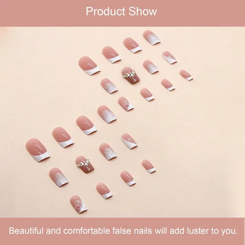 Vista 3 de 24 uñas postizas francesas a presión, uñas postizas con diamantes de imitación, línea blanca, uñas postizas cortas, borde blanco, regalos