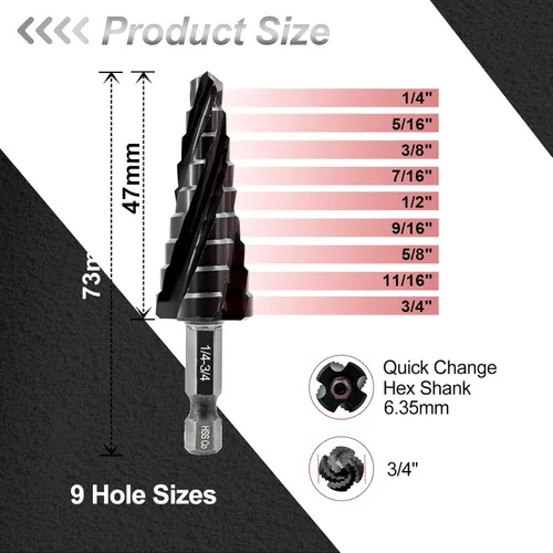 Vista 2 de FOCSTOL Broca de cuatro espirales de cobalto para flauta – Broca escalonada HSS de 1/4 a 3/4 pulgadas M35 con vástago hexagonal de cambio rápido