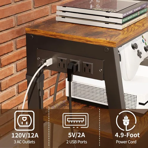 Vista 5 de Soporte de 4 niveles para componentes de AV con regleta de enchufes, soporte de gabinete de estéreo resistente con luces LED, soporte de madera