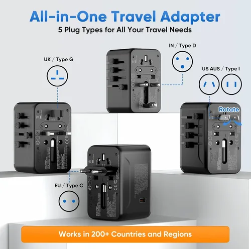 Vista 2 de Adaptador de viaje universal - Adaptador de corriente internacional de 35 W con fusible de reinicio automático, adaptador de enchufe USB-C PD
