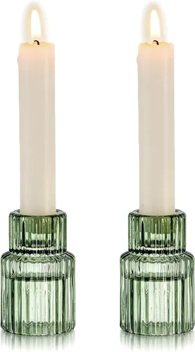 Vista 11 de Hewory Candelabros cónicos de vidrio: 2 portavelas elegantes ámbar a granel, portavelas de vidrio acanalado, candelabros decorativos para centro