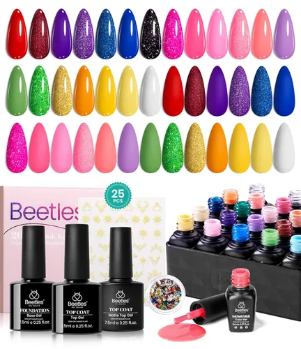 Vista 8 de Beetles - Juego de esmaltes de uñas de gel, 20 colores, rosa, blanco, negro, amarillo, rojo, kit de esmalte de gel con purpurina con calcomanías