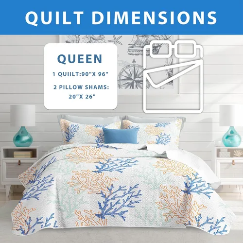 Vista 6 de Juego de edredón costero de 3 piezas tamaño matrimonial/queen, ropa de cama costera suave, ligera, reversible, de microfibra con 2 fundas, juego